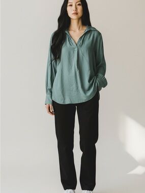 Women's Style & Co Petite Johnny-Collar V- Neck Blouse  Sage Green Size Ps